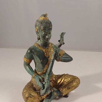 Thai Hindu Gilt Bronze Deity Statue Playing Dram