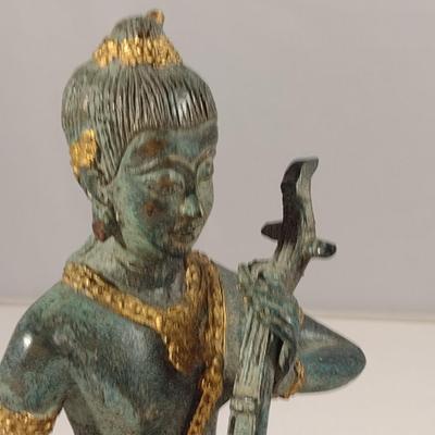 Thai Hindu Gilt Bronze Deity Statue Playing Dram