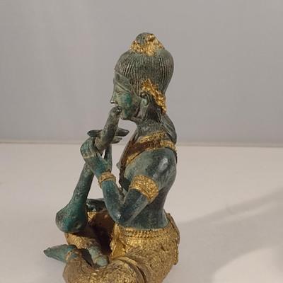 Thai Hindu Gilt Bronze Deity Statue Playing Dram