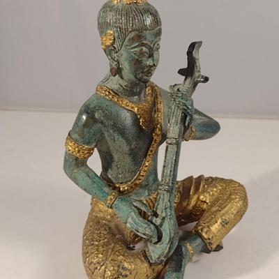 Thai Hindu Gilt Bronze Deity Statue Playing Dram