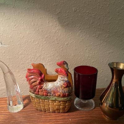 Shannon Crystal swan, chicken, brass vase and red tea light