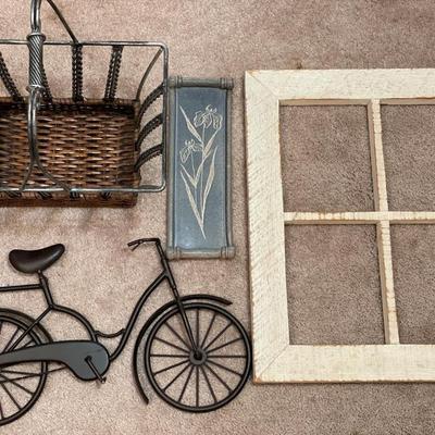 Window pane decor, basket, bike and flower ceramic