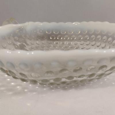 Vintage Moonstone Opalescent Hobnail Heart Shaped Glass Bonbon Dish with Handle