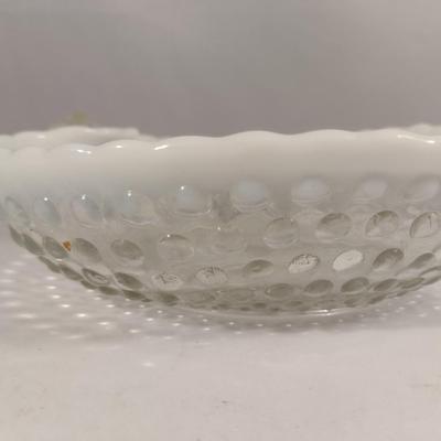 Vintage Moonstone Opalescent Hobnail Heart Shaped Glass Bonbon Dish with Handle