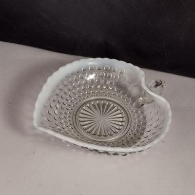Vintage Moonstone Opalescent Hobnail Heart Shaped Glass Bonbon Dish with Handle