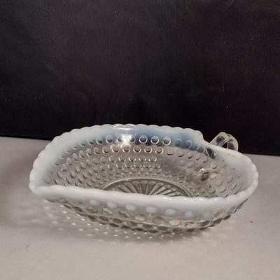 Vintage Moonstone Opalescent Hobnail Heart Shaped Glass Bonbon Dish with Handle