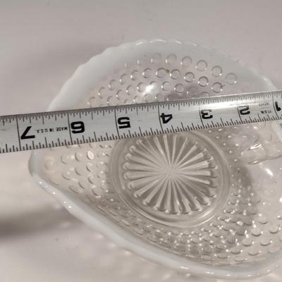 Vintage Moonstone Opalescent Hobnail Heart Shaped Glass Bonbon Dish with Handle