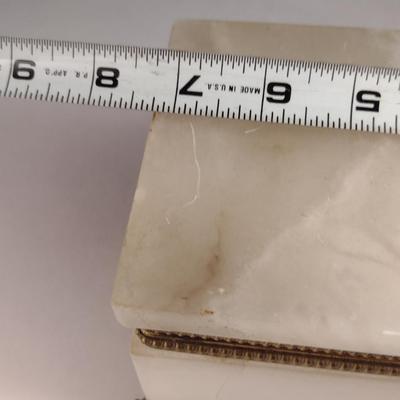 Alabaster and Metal Storage Box with Hinged Lid and Dolphin Design Feet