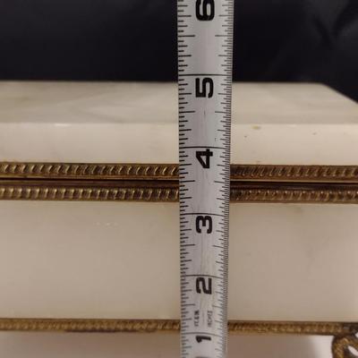 Alabaster and Metal Storage Box with Hinged Lid and Dolphin Design Feet