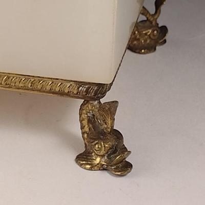 Alabaster and Metal Storage Box with Hinged Lid and Dolphin Design Feet