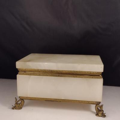 Alabaster and Metal Storage Box with Hinged Lid and Dolphin Design Feet