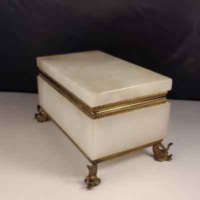 Alabaster and Metal Storage Box with Hinged Lid and Dolphin Design Feet