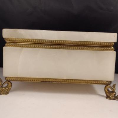 Alabaster and Metal Storage Box with Hinged Lid and Dolphin Design Feet
