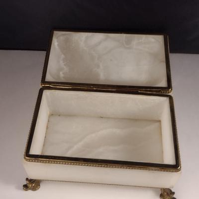 Alabaster and Metal Storage Box with Hinged Lid and Dolphin Design Feet