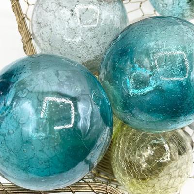Eight (8) Assorted Blown Glass Decorative Balls ~ Gold Star Basket
