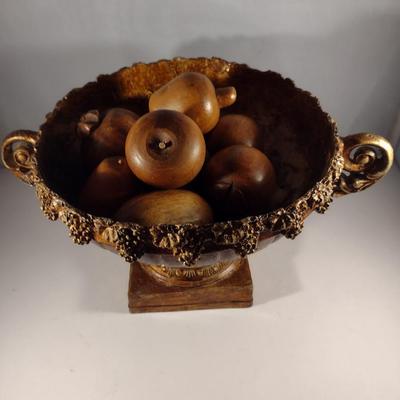 Collection of Wooden Fruit with Decorative Resin Pedestal Bowl