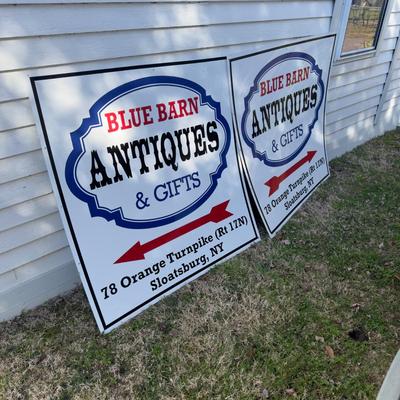 O 1132 Two Blue Barn Antique Metal Signs