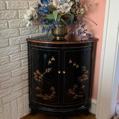 LOT 3: Asian Inspired Black Lacquer Corner Cabinet & Faux Floral Arragement