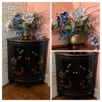 LOT 3: Asian Inspired Black Lacquer Corner Cabinet & Faux Floral Arragement