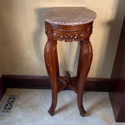 LOT 7: Carved Marble Top Plant Stand & Faux Ivy Plant