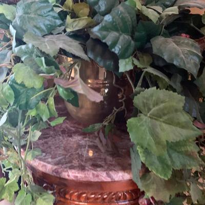 LOT 7: Carved Marble Top Plant Stand & Faux Ivy Plant