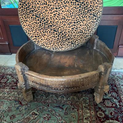 LOT 10: Large Carved Wood Ottoman with Upholstered Leopard Cushion, Leopard Metal Magazine Holder, Upholstered Footstool & Morel