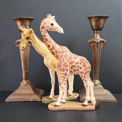 LOT 36: Vintage Brass Ram Head Candlestick Holders with Giraffes