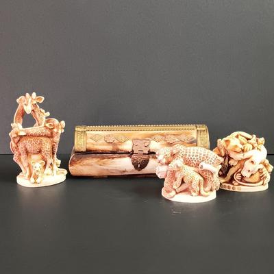 LOT 37: Vintage Sudha Trinket Box with 3 Harmony Kingdom Figurines