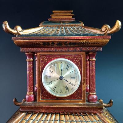LOT 41: Vintage Oriental Accent Pagoda Clock with Jewelry Drawers