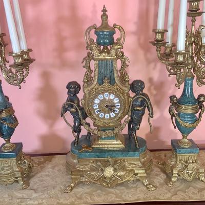 LOT:129D: Magnificent Italian Imperial Clock and Candelabras- Made of Brass and Marble, Adorned with Cherubs and Eagles. Very Heavy Key...
