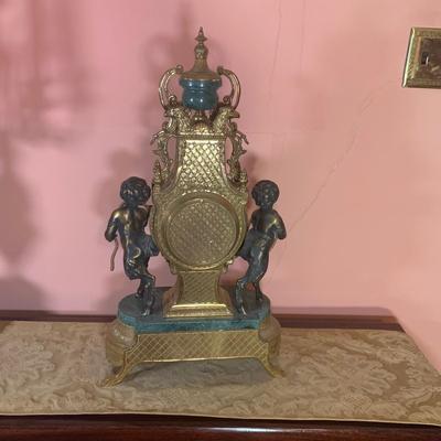 LOT:129D: Magnificent Italian Imperial Clock and Candelabras- Made of Brass and Marble, Adorned with Cherubs and Eagles. Very Heavy Key...