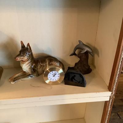 997 Weems & Plath Quartz Clock, German Porcelain Dog , Pewter Dolphin