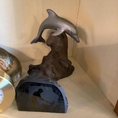 997 Weems & Plath Quartz Clock, German Porcelain Dog , Pewter Dolphin
