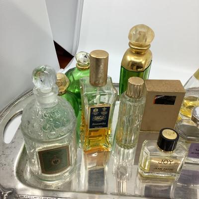 1002 Silverplate Tray with Large Selection of Vintage and New Perfume Bottles