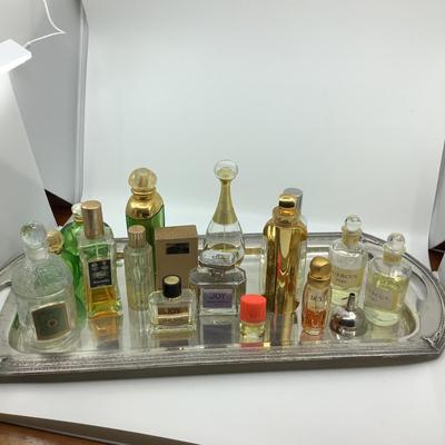 1002 Silverplate Tray with Large Selection of Vintage and New Perfume Bottles