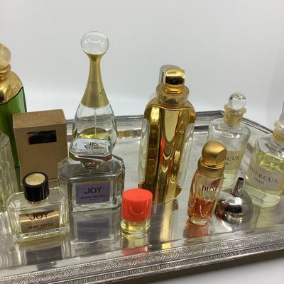 1002 Silverplate Tray with Large Selection of Vintage and New Perfume Bottles