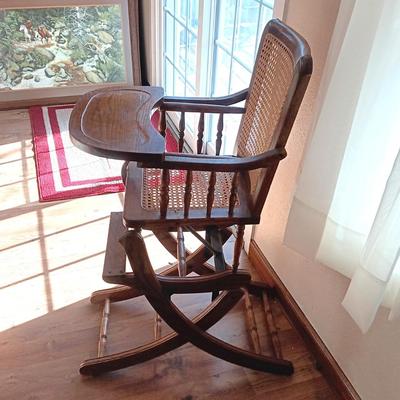 VINTAGE CONVERTIBLE HIGH CHAIR/ROCKING CHAIR WITH CANE BACK AND SEAT