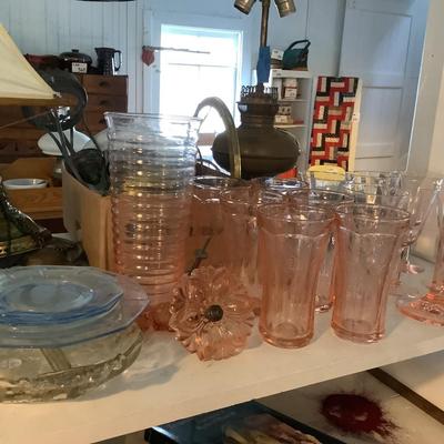 1020 Large Lot of Antique Pink and Blue Depression Glass