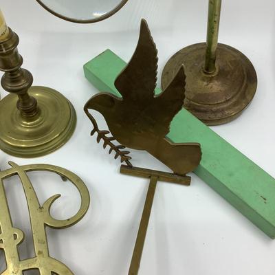 1021 Brass Magnifying Glass, Candlesticks, Bird Hook , Brass Hot Plate