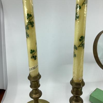 1021 Brass Magnifying Glass, Candlesticks, Bird Hook , Brass Hot Plate
