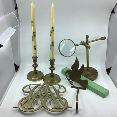 1021 Brass Magnifying Glass, Candlesticks, Bird Hook , Brass Hot Plate