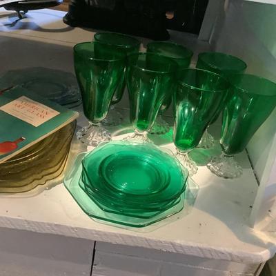 1025 Large Lot of Amber and Green Depression Cambridge Glass Plates and Stemware