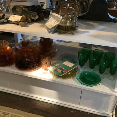 1025 Large Lot of Amber and Green Depression Cambridge Glass Plates and Stemware