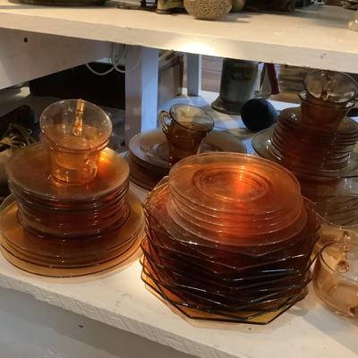 1025 Large Lot of Amber and Green Depression Cambridge Glass Plates and Stemware