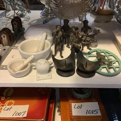 1026 Lot of White Walnut Covered Dish, Mortar and Pestle with Brass Monkey Figures