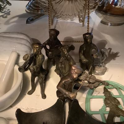 1026 Lot of White Walnut Covered Dish, Mortar and Pestle with Brass Monkey Figures
