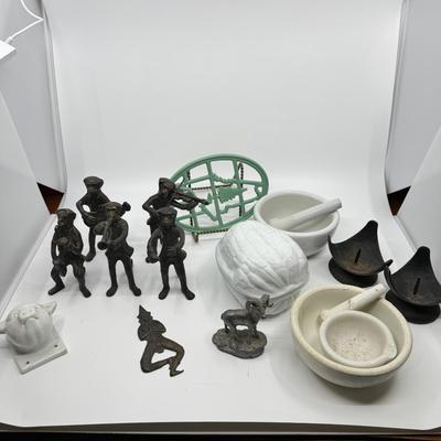 1026 Lot of White Walnut Covered Dish, Mortar and Pestle with Brass Monkey Figures