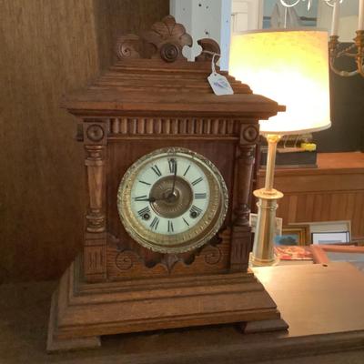 1029 Antique Oak Ansonia Mantel Clock with Enamel Face