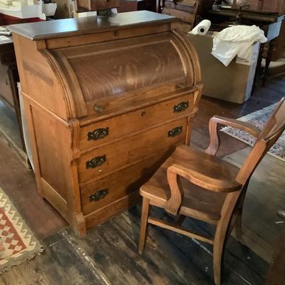 1073 Antique Oak Cylinder Three Drawer Desk with Oak Arm Chair