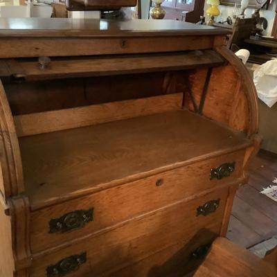 1073 Antique Oak Cylinder Three Drawer Desk with Oak Arm Chair